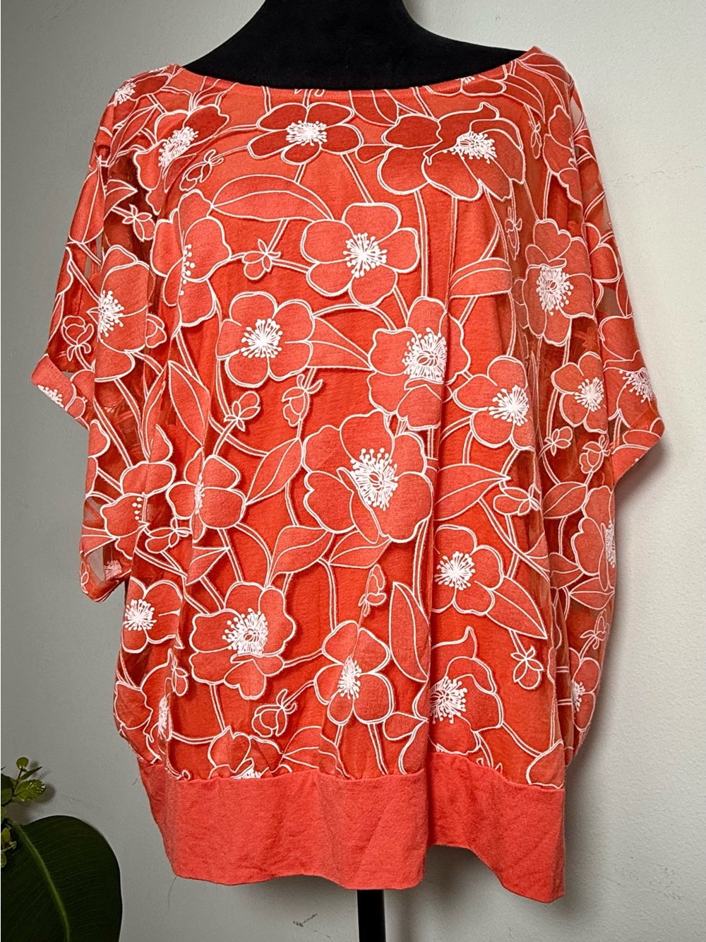 Chico's Floral Burnout Top Size 4 US XXL Coral Orange Sheer Kimono Sleeve Poncho